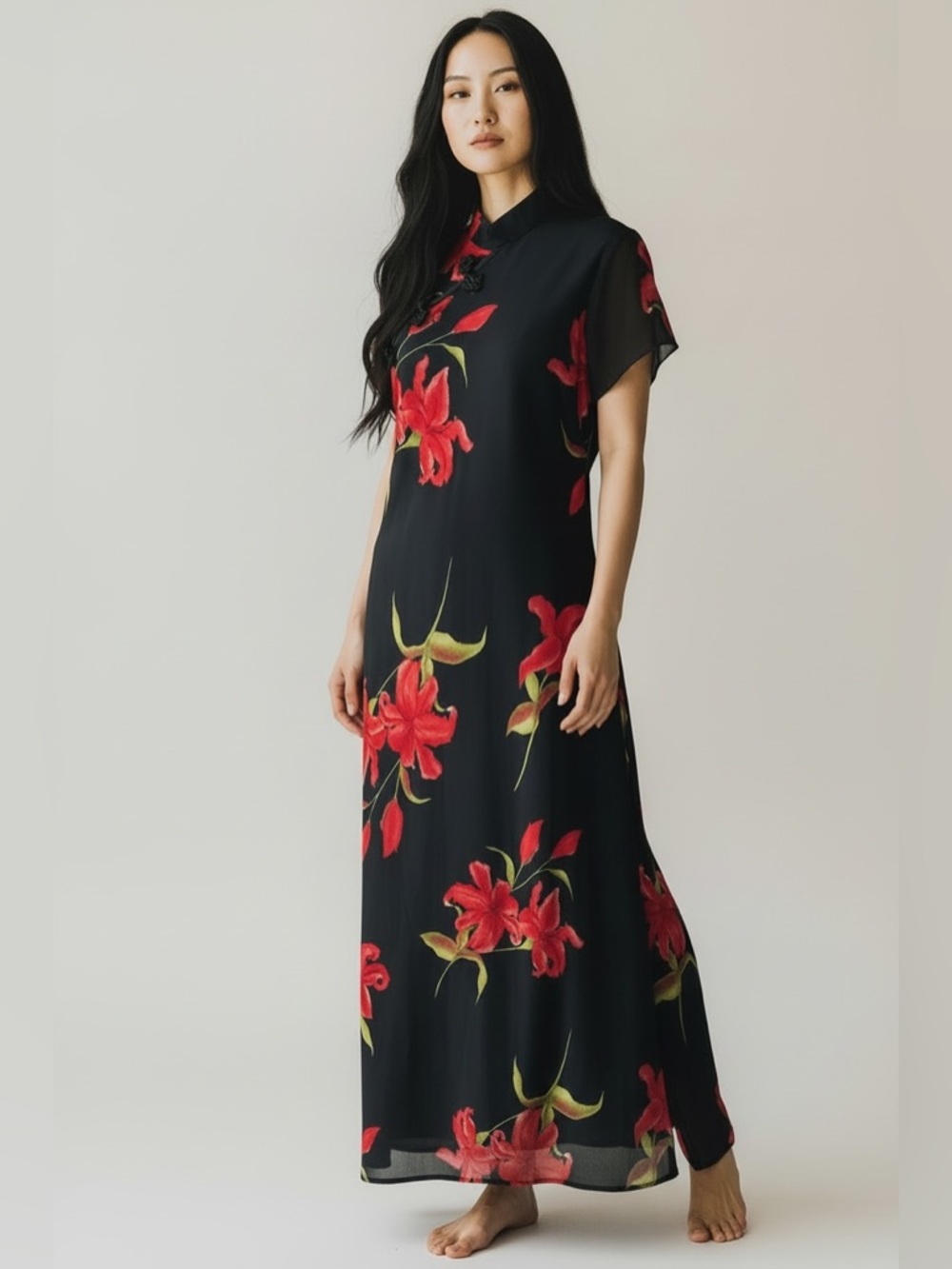 Ronni Nicole by Ouida Vintage  Floral Asian Maxi Cheongsam w Mandarin Collar